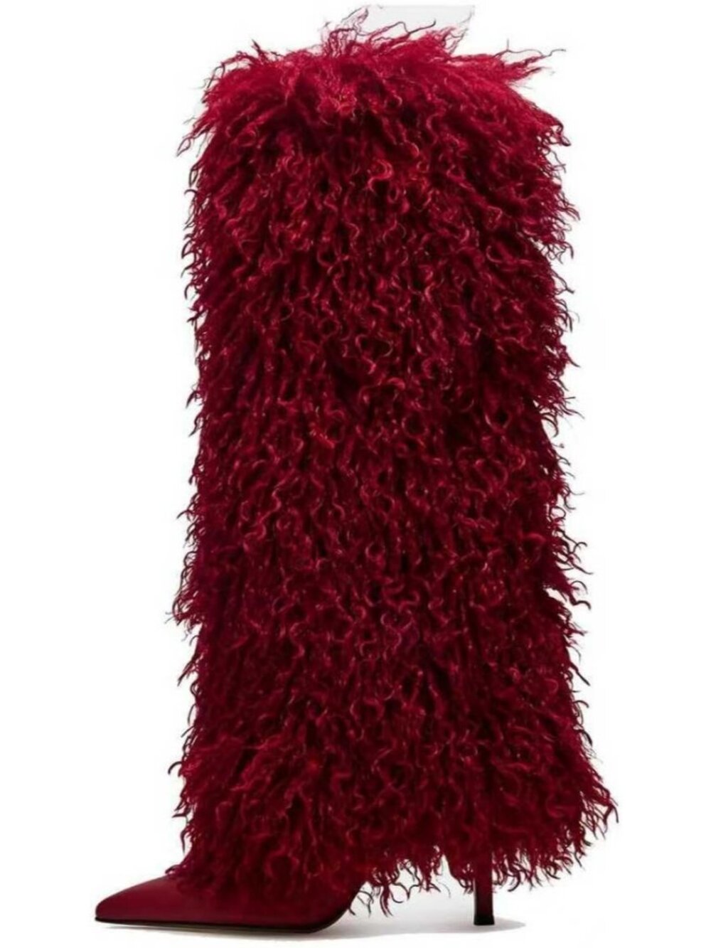 Women's Red Fur Knee High Boots Pointed Toe Stiletto Heels Fold Over Tall Boot